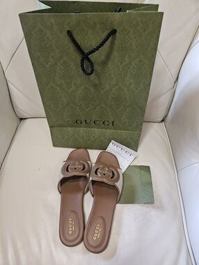 Gucci Brown & Beige Leather GG Logo Slide Sandals